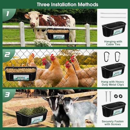 PIREKZUNT 2 Pack Chicken Duck Feeder, Poultry Feeders and Waterers, Hanging Goat Feeder, Livestock Feeding Container, Feed Trough and Waterer Bucket with Clips(Black) - color: 2 Pack Black