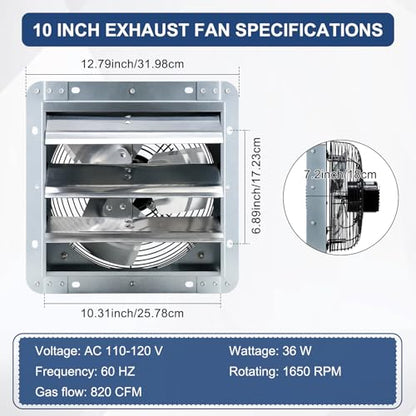 Criditpid 10 Inch Wall Mounted Shutter Exhaust Fan with ON/OFF Switch, High-Speed, Low-Noise Pure Copper Motor, Wall Exhaust Fan for Gable, Shed, Garage, Greenhouse, Kitchen, Attic, 820CFM, 1650RPM. - size: 10 Inch Exhaust Fan