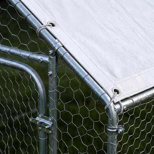 Large Metal Chicken Coop with Walk in Poultry Run and Spire Roof, Waterproof Livestock Shelter Outdoor Enclosure, Sturdy Galvanized Steel Frame for Hen Duck Rabbit, Backyard Farm House