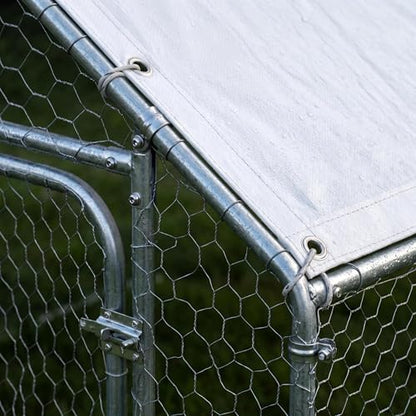 Large Metal Chicken Coop with Walk in Poultry Run and Spire Roof, Waterproof Livestock Shelter Outdoor Enclosure, Sturdy Galvanized Steel Frame for Hen Duck Rabbit, Backyard Farm House