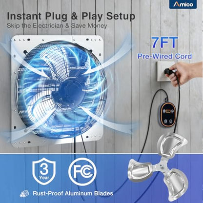 Amico 16" Smart Shutter Exhaust Fan with Thermostat & 8 Speed, 2128 CFM (Up to 3000 Sq.Ft), 68W Premium EC Motor, Wall Mount Garage/Attic/Greenhouse/Warehouse Vent Fan, Plug & Play, FCC - size: 16 inch