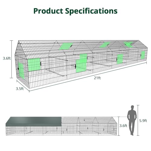 PawGiant Chicken Coop, Chicken Run Pen for Yard with Cover Outdoor Metal Portable Chicken Tractor Cage Enclosure Crate Outside for Small Animals Duck Rabbit Hen 21ft x 3.5ft - size: 260.0"L x 40.0"W x 40.0"H