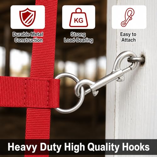 10 ft Adjustable Stall Guards for Horses Heavy Duty Polypropylene Webbing Stalls Guards Red Stall Gate with 6 Nails and 6 Hooks for Stables Barns Breeding to Keep Horse Securely