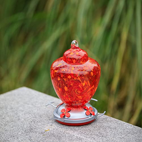 REZIPO Hummingbird Feeder with Perch - Hand Blown Glass - Red - 38 Fluid Ounces Hummingbird Nectar Capacity Include Hanging Wires and Moat Hook - color: Red