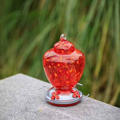 REZIPO Hummingbird Feeder with Perch - Hand Blown Glass - Red - 38 Fluid Ounces Hummingbird Nectar Capacity Include Hanging Wires and Moat Hook - color: Red