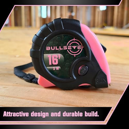 Bullseye Tape Measure 16 Foot | Pink | Premium-Quality Retractable Measuring Tape with Pause Buttons | Easy to Read Measurements in Standard & Metric - Centimeters & Inches