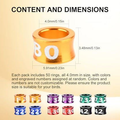 Bird Leg Rings 4.0mm，Multicolor Aluminum Bird Bands, Identification Rings for Small Birds (Pearl, Wen Bird, Tiger Skin, Hibiscus Bird), 50 Packs with Laser Engraved Numbers - size: 4.0MM