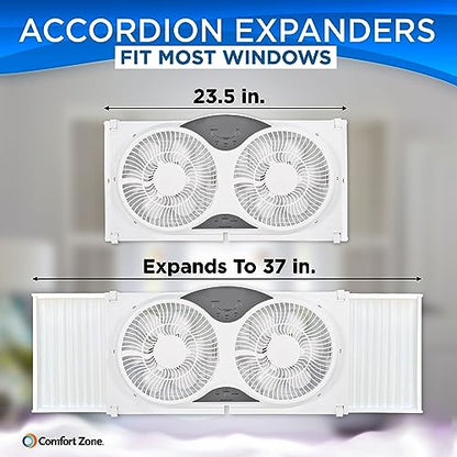 Comfort Zone 9-Inch Smart WiFi Twin Window Fan – 3-Speed Dual Blade Fan with App & Voice Control, Reversible Exhaust, Cooling & Circulate Modes, Expandable 23.5" to 37", Bug Screen - color: White, size: 9 inch (3-Speed w/WiFi)