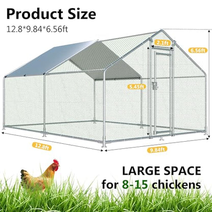 HITTITE Large Metal Chicken Coop with Run, 12.8 x 9.84 x 6.56 ft Walk in Poultry Cage Chicken Run Pen, Outdoor Chicken Runs for Yard with Waterproof & Anti-UV Cover - size: 153.6"L x 118.0"W x 79.2"H