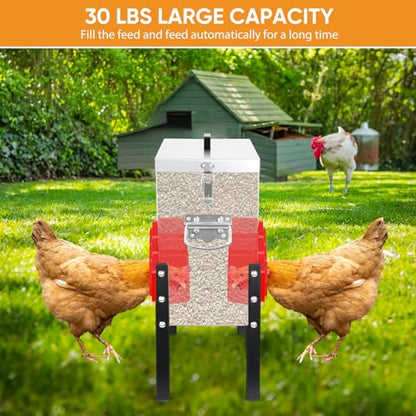 ‎Tgeyd 30 lb Large Capacity Automatic Chicken Feed Box with 6 Upgraded House-Shaped Flow Ports, Heavy-Duty Outdoor Metal Feeder with Adjustable Height & Locking Lid - color: Cockscomb Red