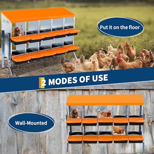 10-Hole Chicken Nesting Box, 2-Tier 10 Compartment Metal Roll Away Egg Laying Box with Lid & Legs, Easy Egg Collection, Galvanized Steel Rustproof Poultry Laying Boxes for Hens, Ducks, Farm, Yard - size: 10 holes with legs-Orange