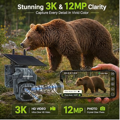 Trail Camera, No WiFi Needed Security Camera, 355° PTZ Outdoor Camera with 12X Zoom, Monitor Anywhere, Color Night Vision, PIR Motion Detection, 7800mAh Battery，IP66