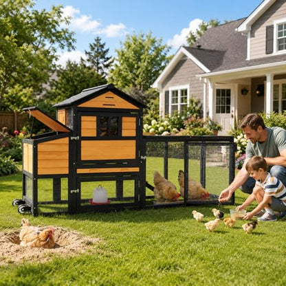 Portable Chicken Coop with Wheels Poultry Cage, Wooden Chicken Coop for 4-6 Chickens, Nesting Box, Pull-Out Tray, Ventilated Windows, Asphalt Weatherproof Roof, 81.5" Lx25.6 Wx44.1 H, Yellow - color: Yellow