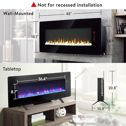 48" Curved Glass Electric Fireplace, Wall Fireplace Electric with Remote Control, 4 Adjustable Flame Colors, Wall Mounted/Freestanding, 1400W Fireplace Heater, Backlight, 3 Media Bed, Timer - size: 48 Inch Standard