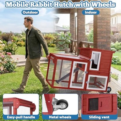 Rabbit Hutch Indoor Outdoor Bunny Cage, Weather Resistant Openable Roof, Slide Out Tray, Handle & Rolling Wheels, Chicken Coop, 48.05" L x 26.02" W x 34.3" H, Red - color: Red