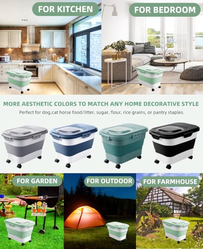 20-23 Lbs Dog Food Storage Container Airtight,Collapsible Pet Food Storage | Dog Food Container with Double Airtight Seal & Magnetic Lid,Cat Food Container with Wheels for Easy Moving,Small Jar,Scoop - color: Green&White