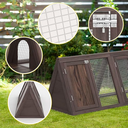 Rabbit Hutch, Small Chicken Coop Outdoor A-Frame Quail Cage with 2 Door & Run Cage Wooden Triangle Quail Hutch with Ventilating Wire Poultry Hutch for Small Animal (Brown) - color: Brown