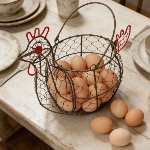Rustic Wire Egg Basket with Handle, Rooster Chicken Shaped | Metal Construction, Holds 15-30 Eggs, Farmhouse Countertop Decor, Chicken Coop, Easter and Gift