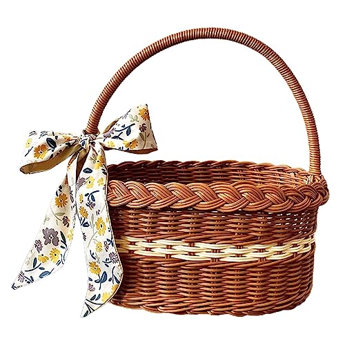 Wicker Basket with Handles, PP Woven Empty Picnic Basket, Vintage Hand Woven Hamper for Picnics Easter Egg Gathering Camping Mother's Day Wedding Birthday Party Supplies, Style F