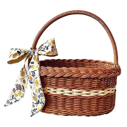 Wicker Basket with Handles, PP Woven Empty Picnic Basket, Vintage Hand Woven Hamper for Picnics Easter Egg Gathering Camping Mother's Day Wedding Birthday Party Supplies, Style F