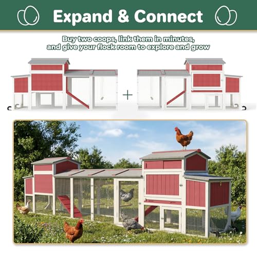 Large Chicken Coop with Run for 6-12 Chickens, Mobile Outdoor Hen House Chicken Tractor with Wheels, Wooden Poultry Cage Full Asphalt Roof, Nesting Box, Pull-Out Tray & Fun Swing 165.4" L - color: Red