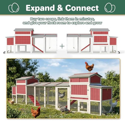 Large Chicken Coop with Run for 6-12 Chickens, Mobile Outdoor Hen House Chicken Tractor with Wheels, Wooden Poultry Cage Full Asphalt Roof, Nesting Box, Pull-Out Tray & Fun Swing 165.4" L - color: Red