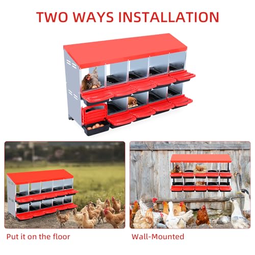 Chicken Nesting Boxes,10 Hole Metal Roll Away Eggs Laying Boxes with Ventilation Holes，Rustproof Plastic Tray & Keyhole Mounting, Cleanable Pull Out Nest Box for Hen & Duck, Red - color: Red, size: 10 holes
