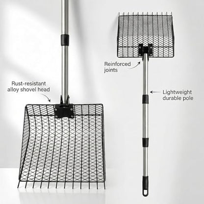 2-in-1 Metal Chicken Poop Scooper & Rake Durable Lightweight Sand Sifting Litter Shovel with Adjustable Long Handle, No-Bend Cleaning Tool for Chicken Coops & Farm Animals & Livestock