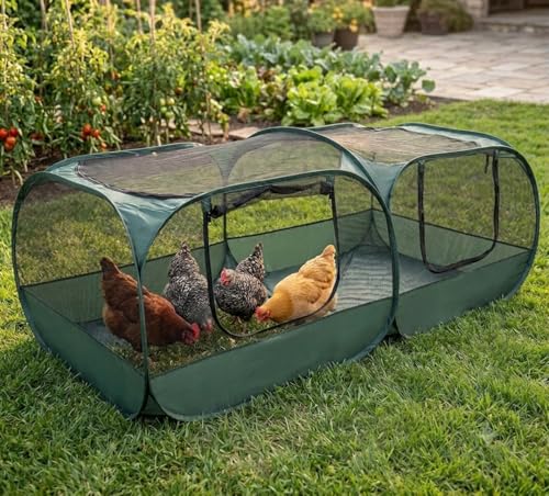 YAKCAM Pop-Up Chicken Run Tractor 6x3 ft, Foldable Enclosure for Hens | Portable, Light-Weight, for Chicks | Also for Rabbits and Small Animals | Detachable Bottom, 4 Zip Doors, Bowl and Bag