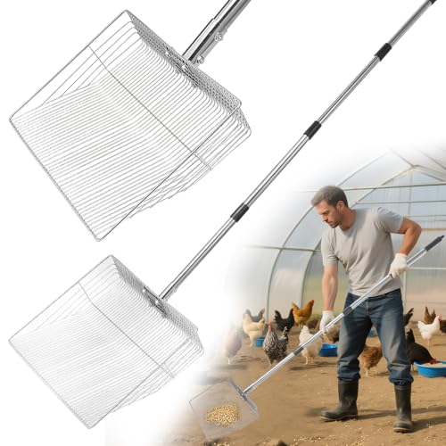 12 inch Chicken Poop Scooper, 4 in 1 Adjustable Chicken Coop Pooper Shovel (24 to 68"), Stainless Steel Sifting Litter Shovel Scoop for Chicken Coop/Goat Stall/Stable Cleaning