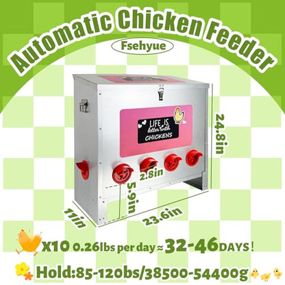 85-120LB Large Automatic Chicken Feeder Galvanized Metal Chicken Feeders with 10 Feeding Ports No Waste Outdoor Poultry Feeder with Handle and Locking Lid for Chickens and Ducks - size: 85-120LB-10 Ports