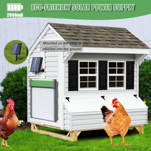 Heifriday Automatic Chicken Coop Door Solar Powered for Chicken Run Anti-Pinch Design Auto Chicken Door Charge with Solar Panel Large Chicken Coop Accessories, Green
