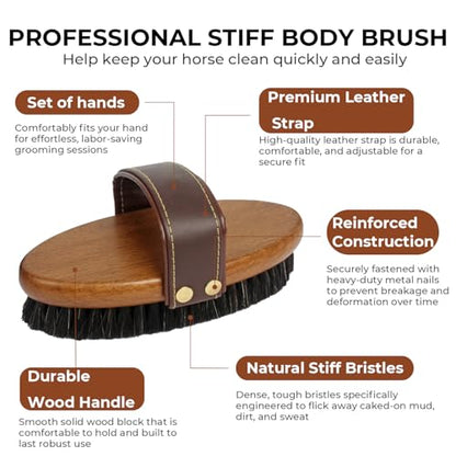 HOP Professional Equine Stiff Body Brush – Heavy Duty Mud & Sweat Remover – Natural Hard Bristles with Ergonomic Wood Handle – Adjustable Leather Strap for Grooming Horses & Livestock