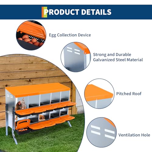 10-Hole Chicken Nesting Box, 2-Tier 10 Compartment Metal Roll Away Egg Laying Box with Lid & Legs, Easy Egg Collection, Galvanized Steel Rustproof Poultry Laying Boxes for Hens, Ducks, Farm, Yard - size: 10 holes with legs-Orange