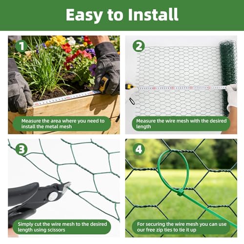 Chicken Wire for Floral Arrangements - Hexagonal Galvanized PVC Coated Poultry Wire Mesh Netting with Gloves, Wire Cutter & Zip Ties for Crafts, Poultry, Gardening Fence (15.7 x 393 lnches) - size: 15.7 x 393 lnches