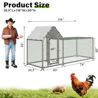 LEMBERI Small Metal Chicken Coop, Walk-in Chicken Run,Galvanized Wire Poultry Chicken Hen Pen Cage, Rabbits Duck Cages with Waterproof and Anti-Ultraviolet Cover for Outside,Backyard and Farm - size: 118"L x 39.5"W x 59"H