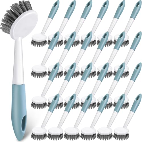 Patelai 24 Pack Kitchen Scrub Dish Brush with Long Handle Dish Scrubber with Stiff Bristles Scrub Brushes for Kitchen Dishes Washing Tools, Pots, Pans and Sink Cleaning (Celadon) - color: Celadon