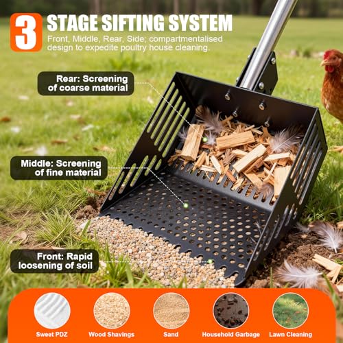 Chicken Poop Scooper,15-INCH Adjustable Angle Chicken Coop Scoop,3-in-1 Sand Rake with Stainless Steel Handle(36"-65"),Chicken Coop Accessories Cleaning Tool for Farm Animals - size: 63.0"L x 15.0"W x 8.3"H