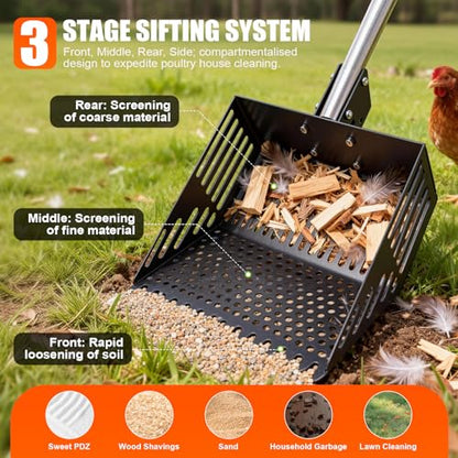 Chicken Poop Scooper,10-INCH Adjustable Angle Chicken Coop Scoop,3-in-1 Sand Rake with Stainless Steel Handle(36"-63"),Chicken Coop Litter Scoop Sand Sifting Shovel Pooper Scooper - size: 63.0"L x 10.0"W x 8.3"H