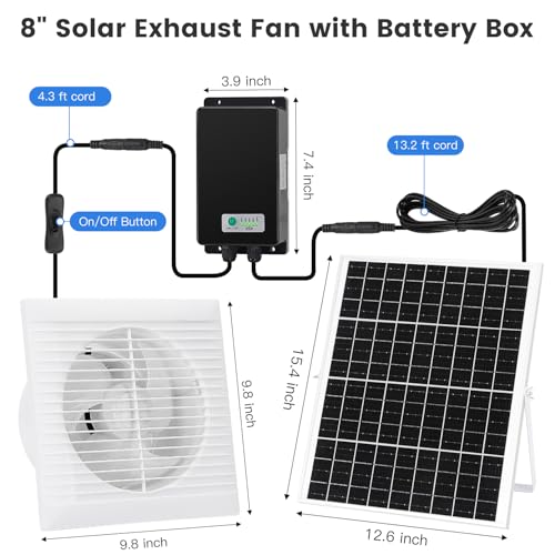 Fanspex Solar Exhaust Fan, Solar Powered Vent Fan Kit for Outside Greenhouse Shed Chicken Coop (8" Fan with Battery) - size: 8" Fan Large