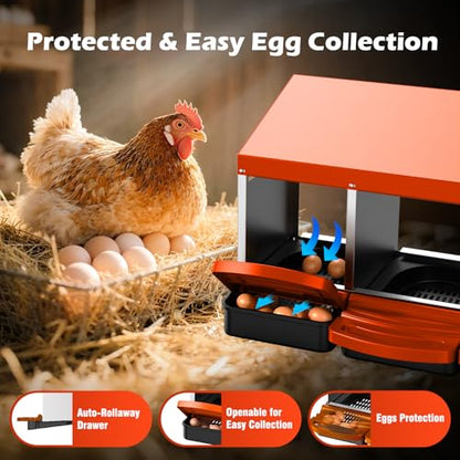Chicken Nesting Boxes, Roll Away Laying Nest Box for Hens, Galvanized Steel with Removable Egg Drawer, Protects Eggs, Easy Egg Collection, for Chicken Coop, 3 Compartments - color: Orange-Red