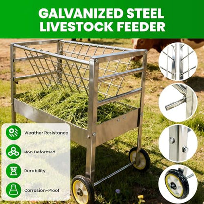 Easy to Assemble 2 in 1 Livestock Feeder with Wheels, Hay Grid on Top and Grain Trough Below, Heavy Duty Galvanized Steel, Space Saving Freestanding Feeder