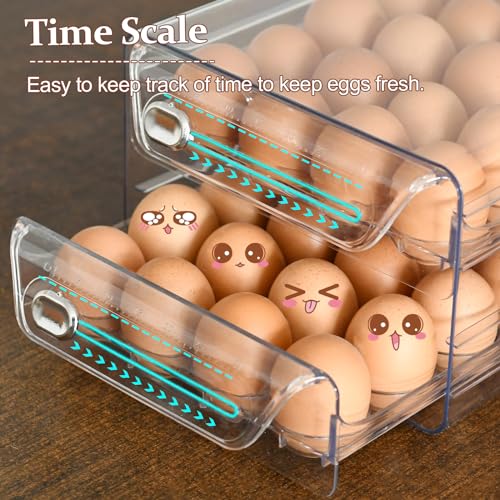 Egg Holder for Refrigerator,40 Eggs Clear Drawer Organizer,2 Layer Stackable Egg Holder Egg Trays,Egg Storage Container with Time Scale for Fridge Countertop Cabinet - size: 40 eggs