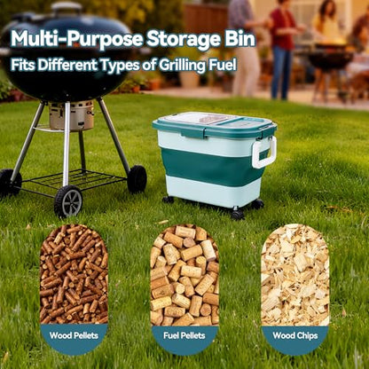 Wood Pellet Storage Container 20-25lbs, Airtight Bin with Locking Lid & Clear Window, Collapsible Pellet Bucket with Wheels, Scoop & Labels, Dark Green - color: Green-M