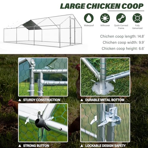 ORANLAND Large Metal Chicken Coop, 14.8x9.9x6.6ft Walk-in Chicken Runs with Cover, Spire Roof Chicken Pen with Security Lock, Outdoor Duck Rabbit Cage Poultry Pen for Backyard, Farm, Yard - size: 177.2"L x 118.2"W x 76.8"H