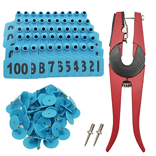 Cattle Ear Tags 001-100 Number Plastic Livestock Animal Tag for Cows Ear Tag Applicator Kit (001-100, Blue) - color: Blue