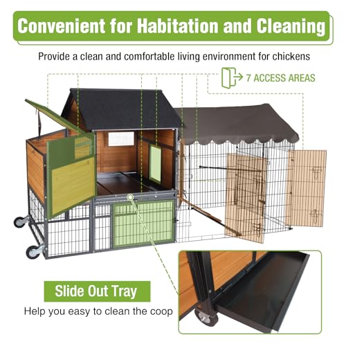 GUTINNEEN Large Chicken Coop with Metal Frame, Mobile Hen House with Wheels, Portable Poultry Cage with Run, Nesting Box, Waterproof Cover for 4-6 Chickens, Ducks - size: 85.6"L x 40.6"W x 48.2"H