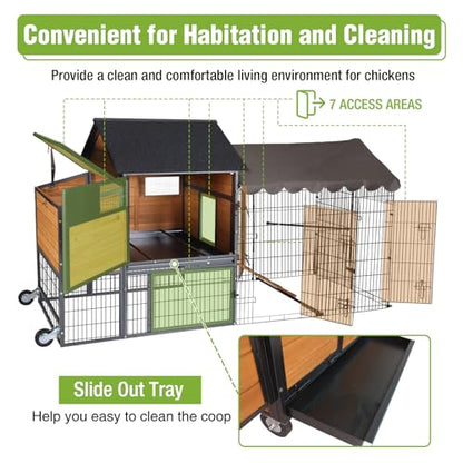 GUTINNEEN Large Chicken Coop with Metal Frame, Mobile Hen House with Wheels, Portable Poultry Cage with Run, Nesting Box, Waterproof Cover for 4-6 Chickens, Ducks - size: 85.6"L x 40.6"W x 48.2"H
