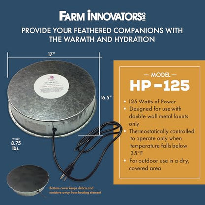 Farm Innovators Heated Base for Double Wall Metal Founts Poultry Waterer, 125W Outdoor Water Bowl Heater for Chickens, Turkeys, Ducks, and Geese