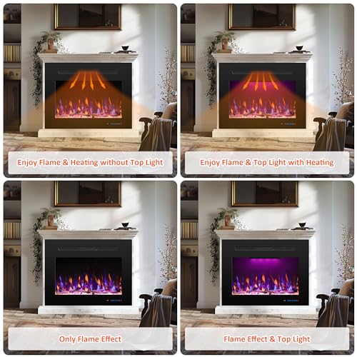29.6" W Rear Electric Fireplace Inserts with 3 Flame & Top Light, Recessed Fireplace Heater with Thermostat, 750/1500W, Crackling Sound, Logs & Crystals, Timer, No Wall Mount - size: 33"W25"H
